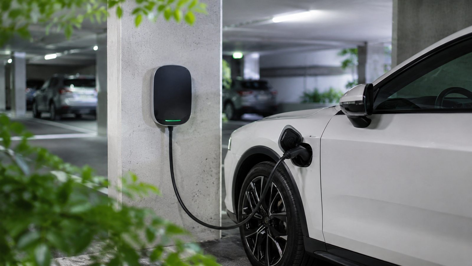 Nabíjení elektromobilu v bytovém domě – WallBox na sloupu v podzemní garáži a nabíjející se elektromobil