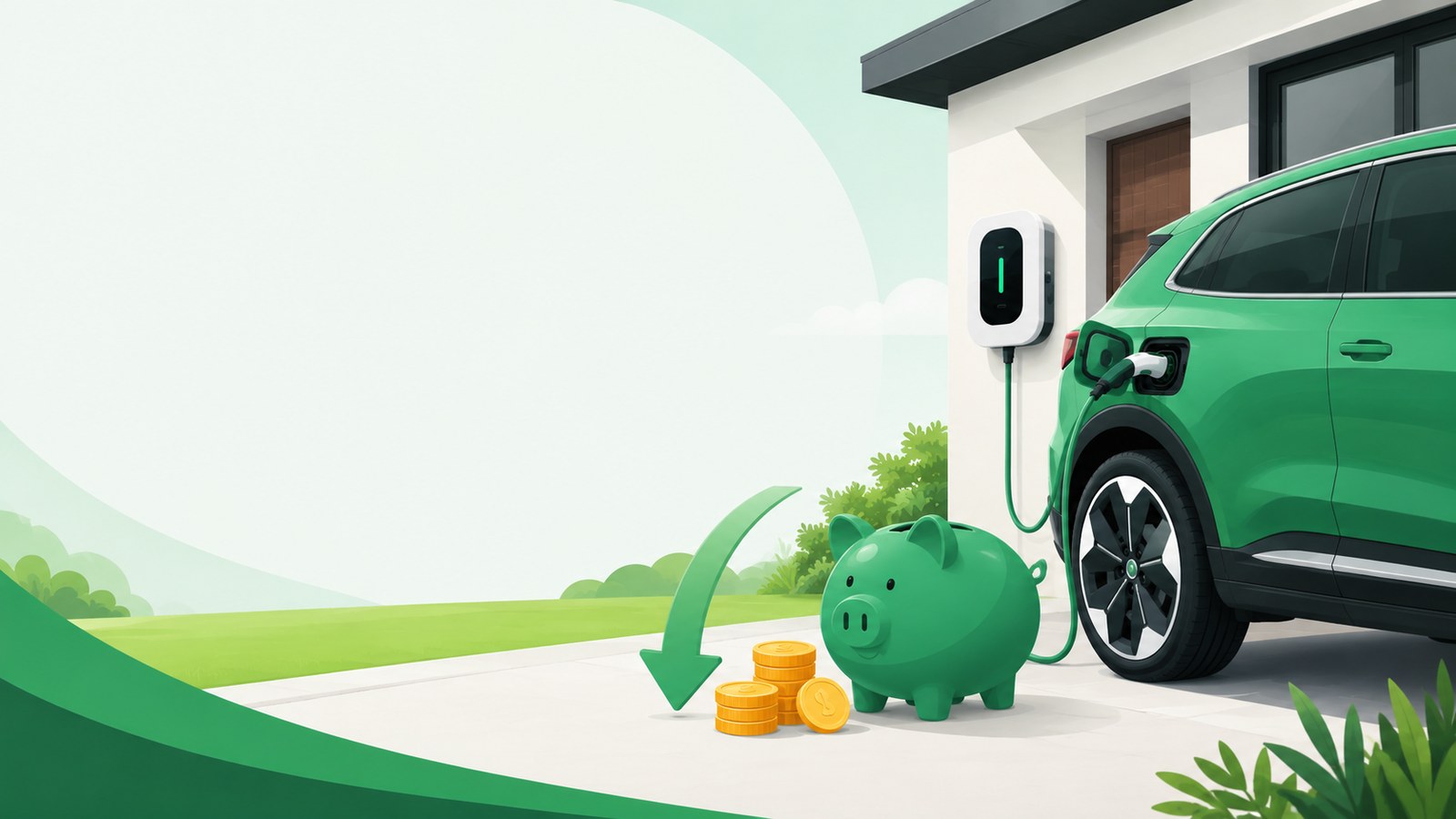 Kolik stojí nabití elektromobilu – elektromobil u WallBoxu, prasátko a mince jako symbol úspory