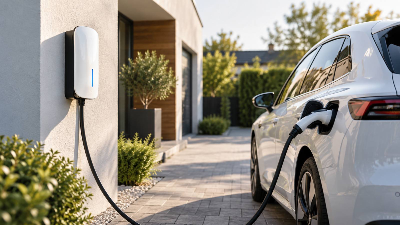 Bílý wallbox na stěně domu a nabíjející se elektromobil